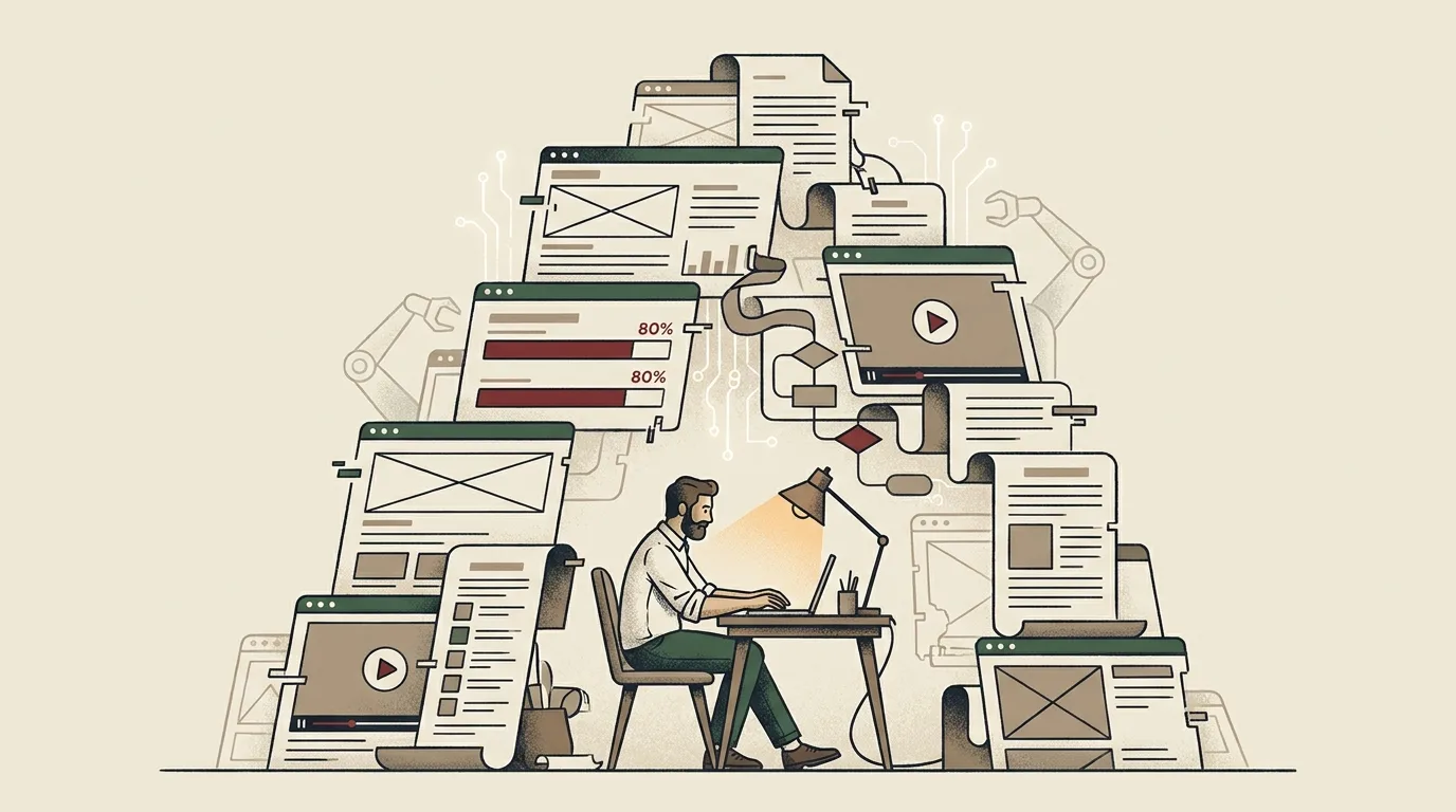 Editorial illustration of an agency owner calmly typing at a small desk while a teetering mountain of half-finished projects rises behind him: wireframes, dashboards, video players, and documents, each stuck at an eighty percent progress bar.